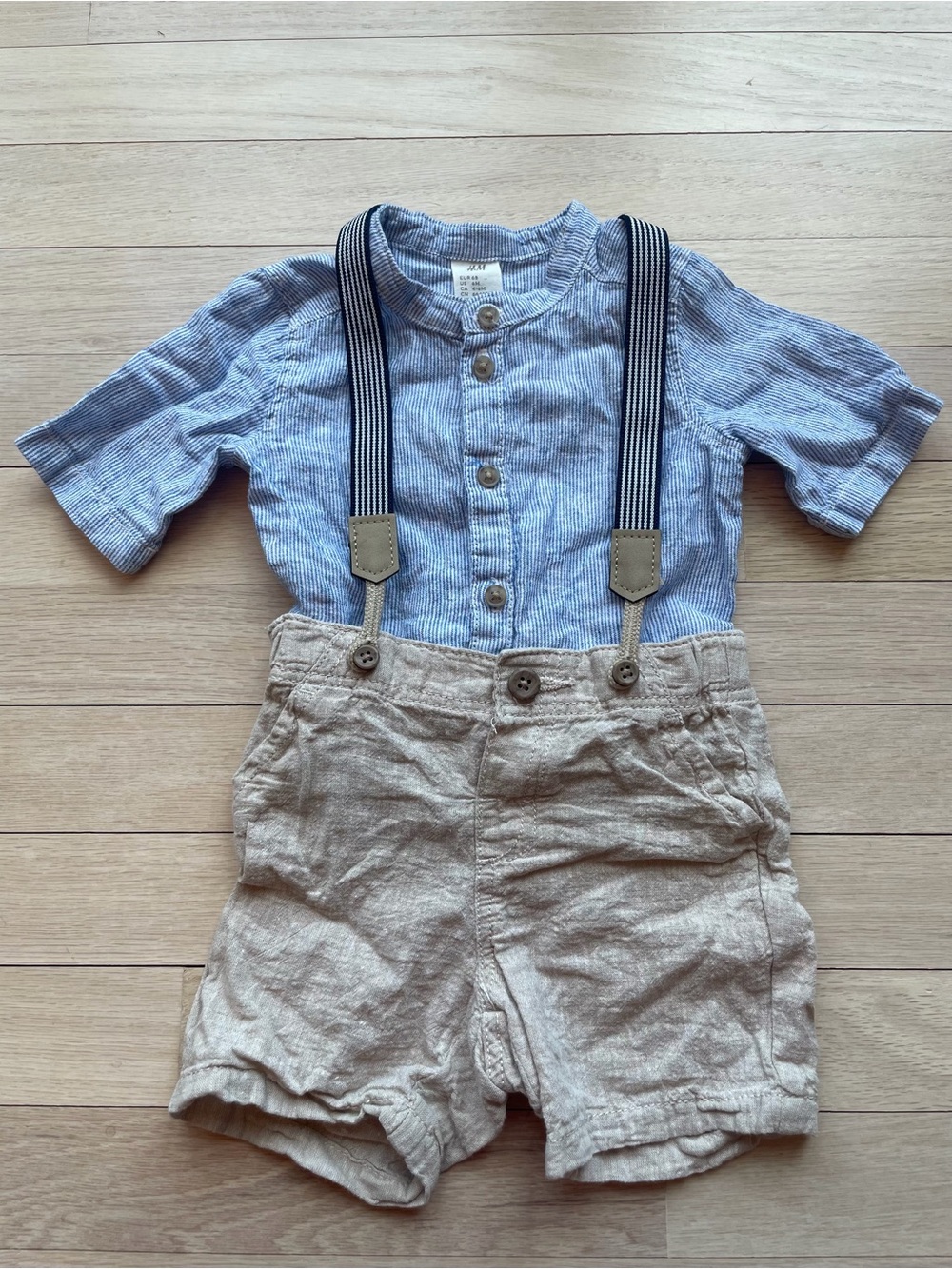 H&M linen shirt and shorts with suspenders